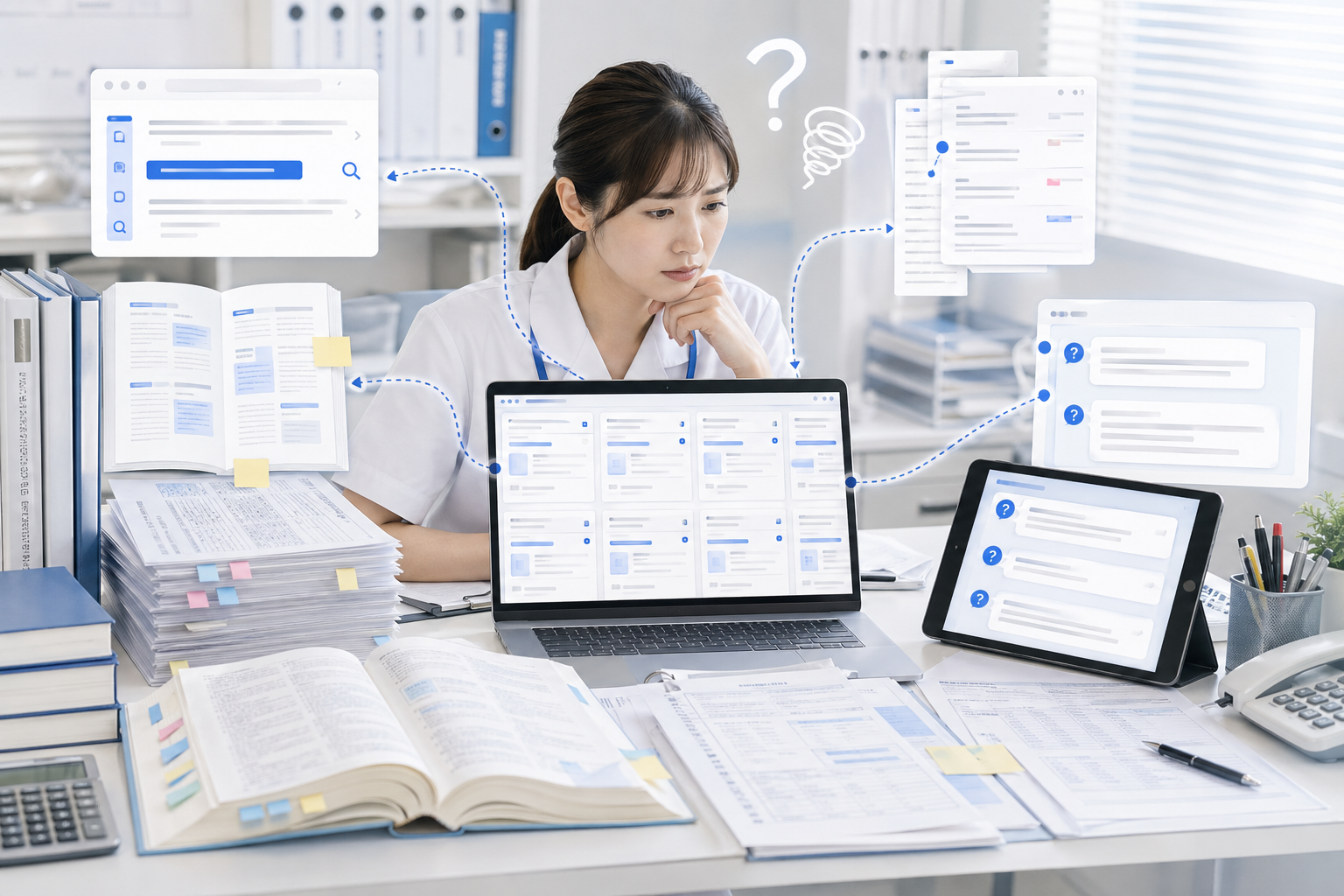 複数の書籍やWeb資料から根拠を探している医療スタッフ